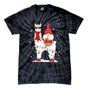 Santa Gnomes Riding Llama Reindeer Christmas Lights Tie-Dye T-Shirt