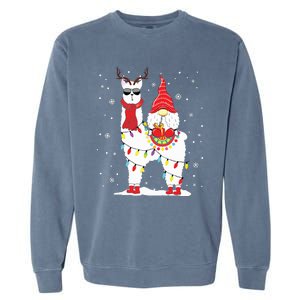 Santa Gnomes Riding Llama Reindeer Christmas Lights Garment-Dyed Sweatshirt