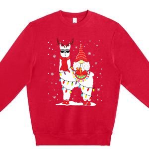 Santa Gnomes Riding Llama Reindeer Christmas Lights Premium Crewneck Sweatshirt