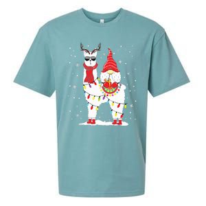 Santa Gnomes Riding Llama Reindeer Christmas Lights Sueded Cloud Jersey T-Shirt