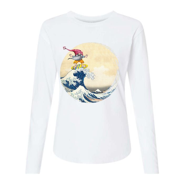 Surfing Gnome Riding Great Wave Off Kanagawa Gnome Womens Cotton Relaxed Long Sleeve T-Shirt