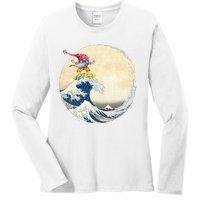 Surfing Gnome Riding Great Wave Off Kanagawa Gnome Ladies Long Sleeve Shirt