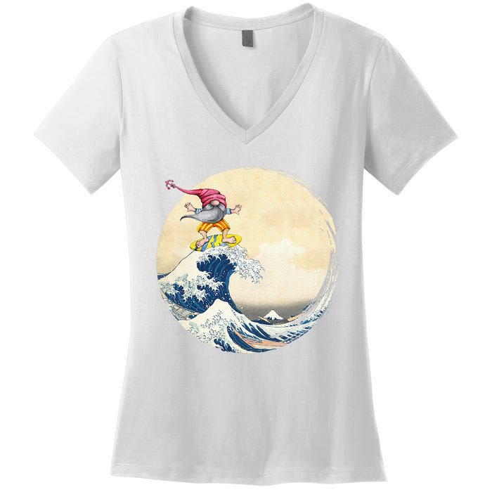 Surfing Gnome Riding Great Wave Off Kanagawa Gnome Women's V-Neck T-Shirt