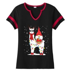 Santa Gnomes Riding Llama Reindeer Christmas Lights Ladies Halftime Notch Neck Tee