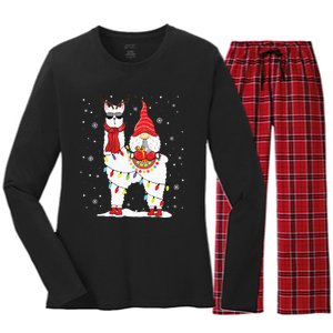 Santa Gnomes Riding Llama Reindeer Christmas Lights Women's Long Sleeve Flannel Pajama Set 