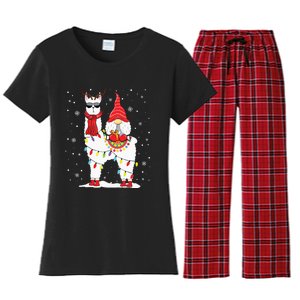 Santa Gnomes Riding Llama Reindeer Christmas Lights Women's Flannel Pajama Set