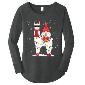 Santa Gnomes Riding Llama Reindeer Christmas Lights Women's Perfect Tri Tunic Long Sleeve Shirt