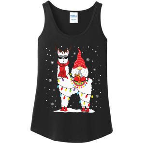 Santa Gnomes Riding Llama Reindeer Christmas Lights Ladies Essential Tank