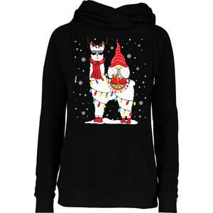 Santa Gnomes Riding Llama Reindeer Christmas Lights Womens Funnel Neck Pullover Hood