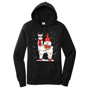 Santa Gnomes Riding Llama Reindeer Christmas Lights Women's Pullover Hoodie