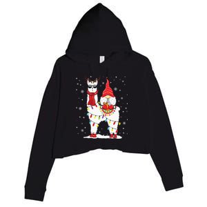 Santa Gnomes Riding Llama Reindeer Christmas Lights Crop Fleece Hoodie