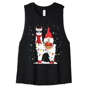 Santa Gnomes Riding Llama Reindeer Christmas Lights Women's Racerback Cropped Tank