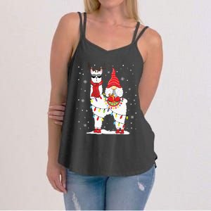 Santa Gnomes Riding Llama Reindeer Christmas Lights Women's Strappy Tank