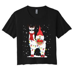 Santa Gnomes Riding Llama Reindeer Christmas Lights Women's Crop Top Tee