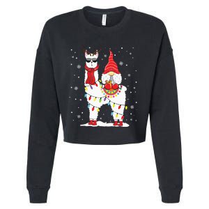 Santa Gnomes Riding Llama Reindeer Christmas Lights Cropped Pullover Crew