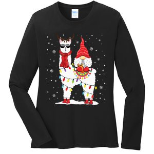 Santa Gnomes Riding Llama Reindeer Christmas Lights Ladies Long Sleeve Shirt