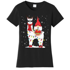 Santa Gnomes Riding Llama Reindeer Christmas Lights Women's T-Shirt