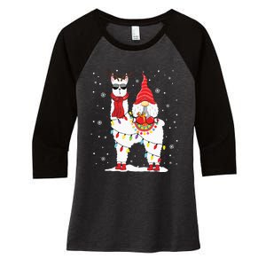 Santa Gnomes Riding Llama Reindeer Christmas Lights Women's Tri-Blend 3/4-Sleeve Raglan Shirt