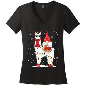 Santa Gnomes Riding Llama Reindeer Christmas Lights Women's V-Neck T-Shirt