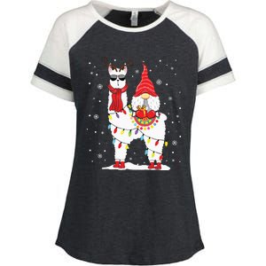 Santa Gnomes Riding Llama Reindeer Christmas Lights Enza Ladies Jersey Colorblock Tee