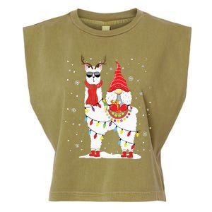 Santa Gnomes Riding Llama Reindeer Christmas Lights Garment-Dyed Women's Muscle Tee