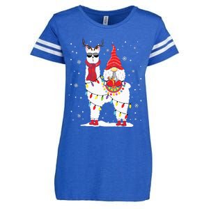 Santa Gnomes Riding Llama Reindeer Christmas Lights Enza Ladies Jersey Football T-Shirt