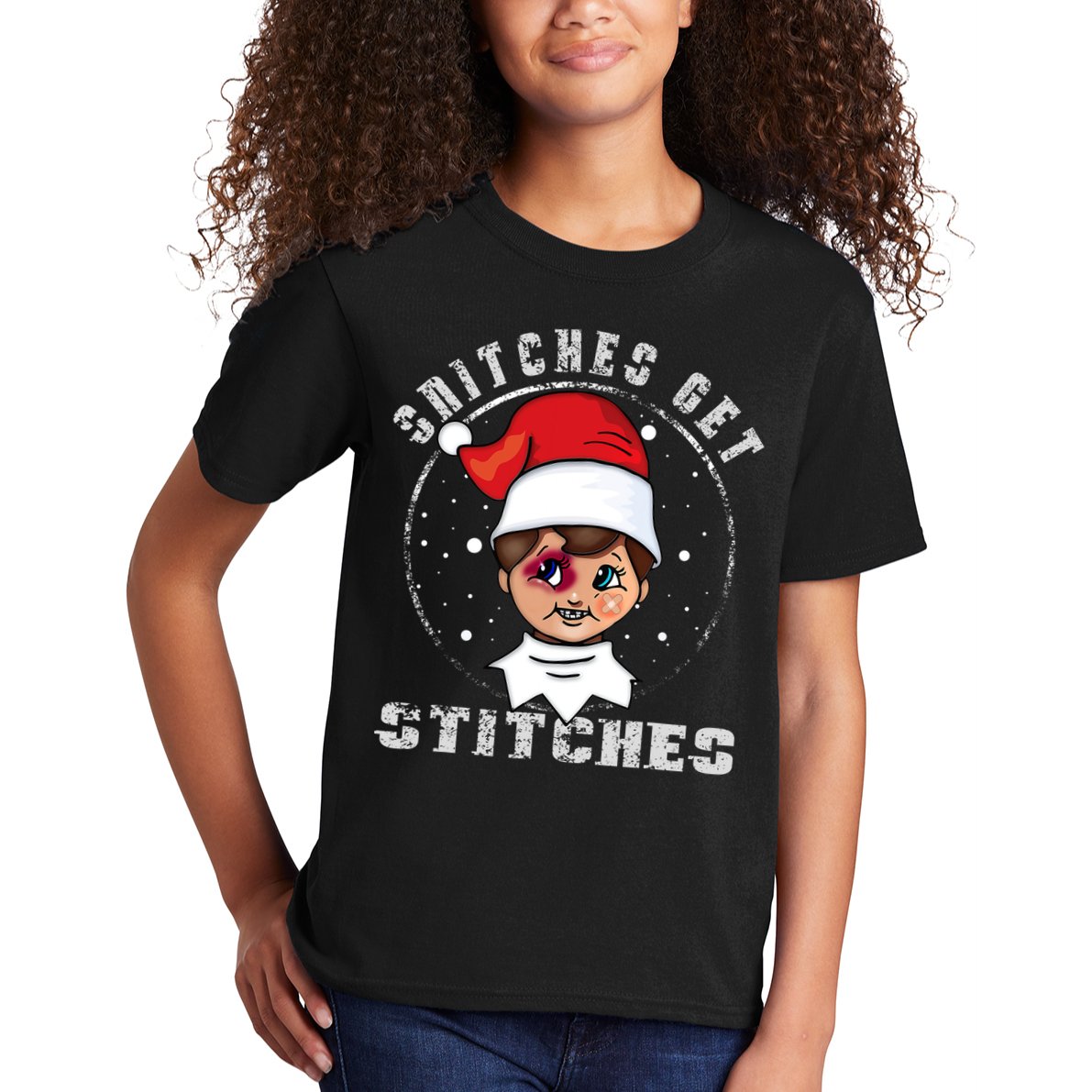Snitches Get Stitches Elf Xmas Funny Snitches Get Stitches Kids T-Shirt