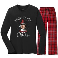 Snitches Get Stitches Elf On A Self Funny Christmas Xmas Holiday Women's Long Sleeve Flannel Pajama Set 