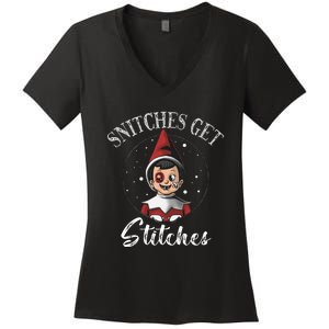 Snitches Get Stitches Elf On A Self Funny Christmas Xmas Holiday Women's V-Neck T-Shirt