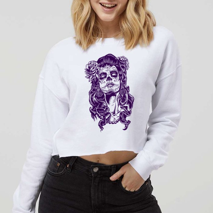Day Of The Dead Illustration Skeleton Cropped Pullover Crew