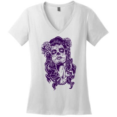 Day Of The Dead Illustration Skeleton Women's V-Neck T-Shirt