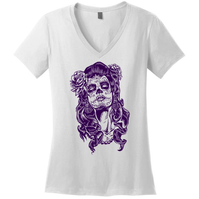 Day Of The Dead Illustration Skeleton Women's V-Neck T-Shirt