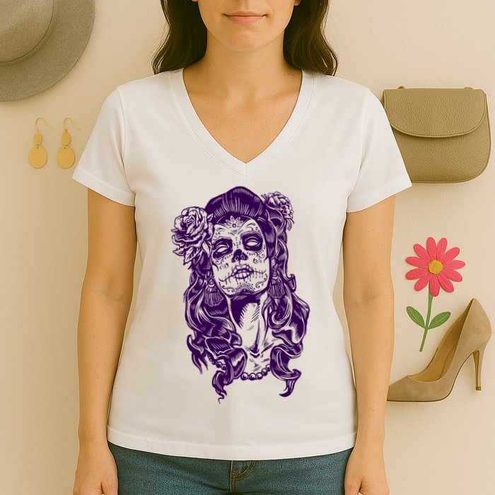 Day Of The Dead Illustration Skeleton Women's V-Neck T-Shirt