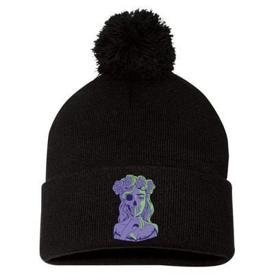 Scary Girl Skeleton Floral Pom Pom 12in Knit Beanie