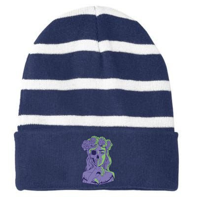 Scary Girl Skeleton Floral Striped Beanie with Solid Band