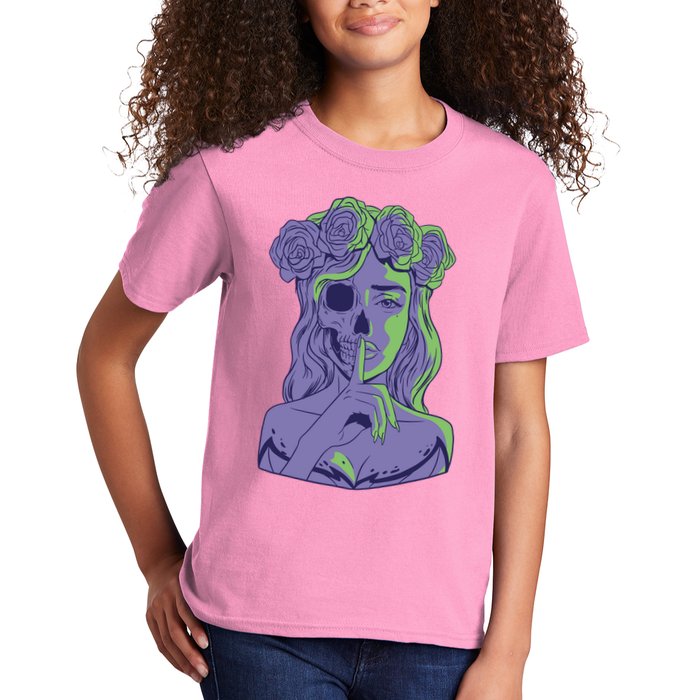 Scary Girl Skeleton Floral Kids T-Shirt