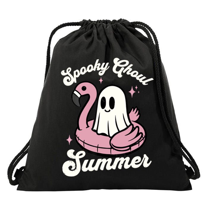 Spooky Ghoul Summer Cute Ghost Flamingo Summer Vibes Beach Drawstring Bag