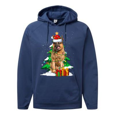 Santa Ger Shepherd Dog Xmas Tree Lights Merry Christmas Gift Performance Fleece Hoodie