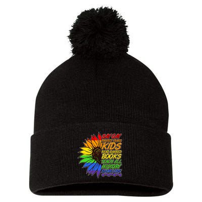 Say Gay Show Love Rainbow Sunflower Pom Pom 12in Knit Beanie
