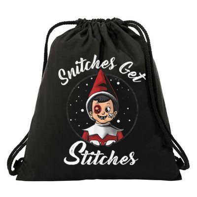 Snitches Get Stitches Elf On A Self Funny Christmas Xmas Holiday Drawstring Bag