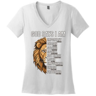 S God Says I Am Lion Christian Women's V-Neck T-Shirt
