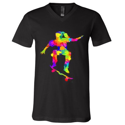 Skater Girl Skateboarder Girl Skateboarding V-Neck T-Shirt
