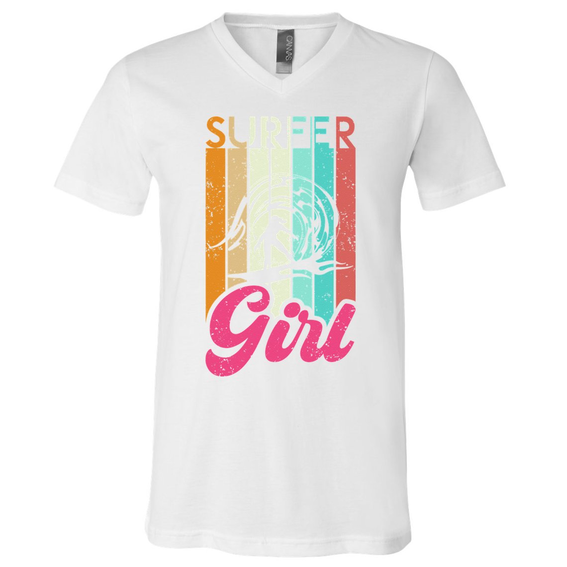 Surfer Girl Surfboard Women Surf Ocean Retro Surfing V-Neck T-Shirt