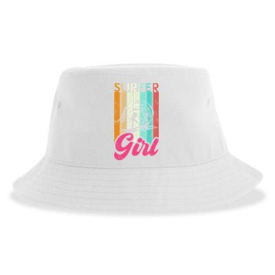 Surfer Girl Surfboard Women Surf Ocean Retro Surfing Sustainable Bucket Hat
