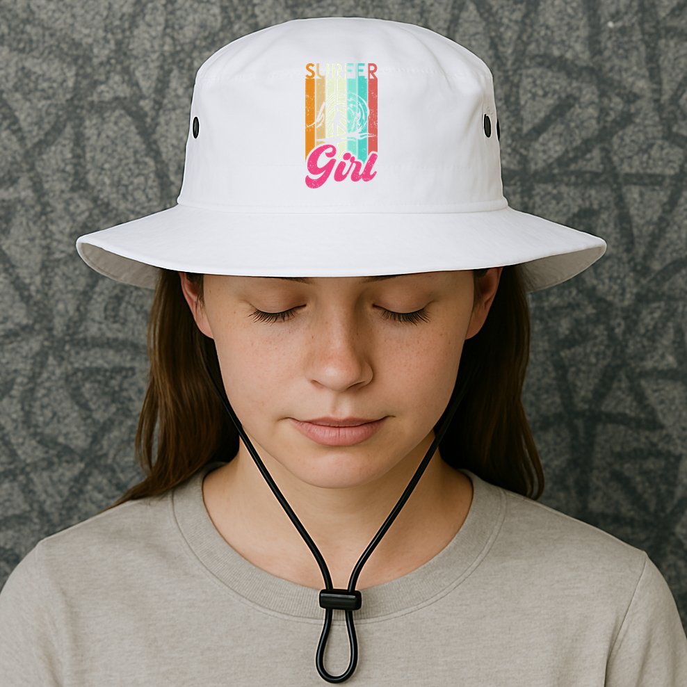 Surfer Girl Surfboard Women Surf Ocean Retro Surfing Bucket Hat
