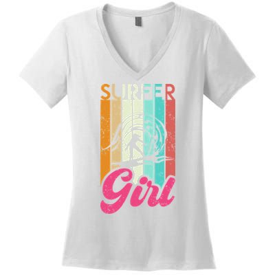 Surfer Girl Surfboard Women Surf Ocean Retro Surfing Women's V-Neck T-Shirt