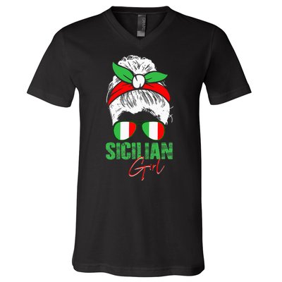 Sicilian Girl Sicily funny american flag V-Neck T-Shirt