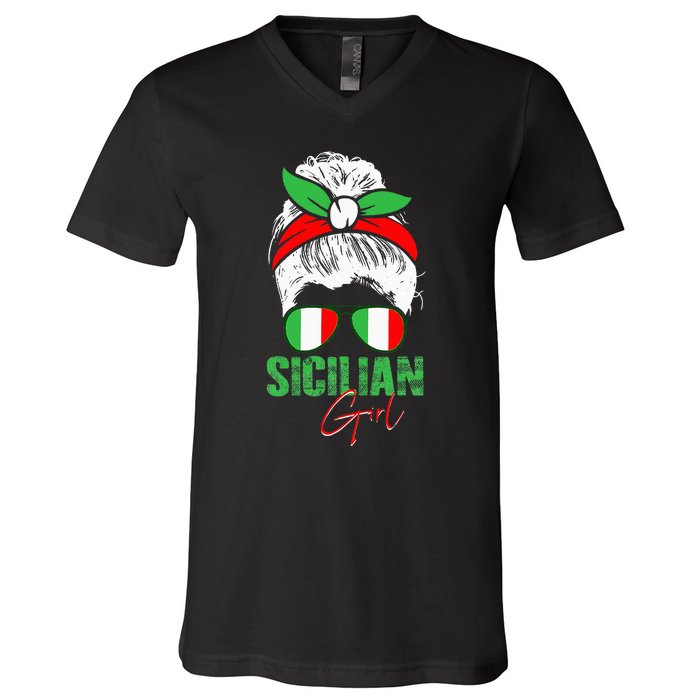 Sicilian Girl Sicily funny american flag V-Neck T-Shirt