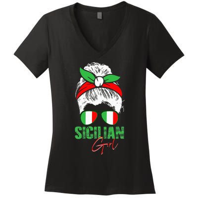 Sicilian Girl Sicily funny american flag Women's V-Neck T-Shirt