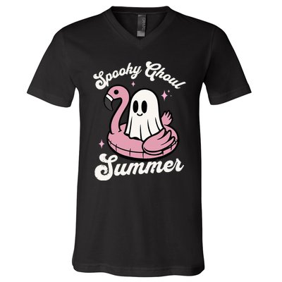 Spooky Ghoul Summer Cute Ghost Flamingo Summer Vibes Beach V-Neck T-Shirt